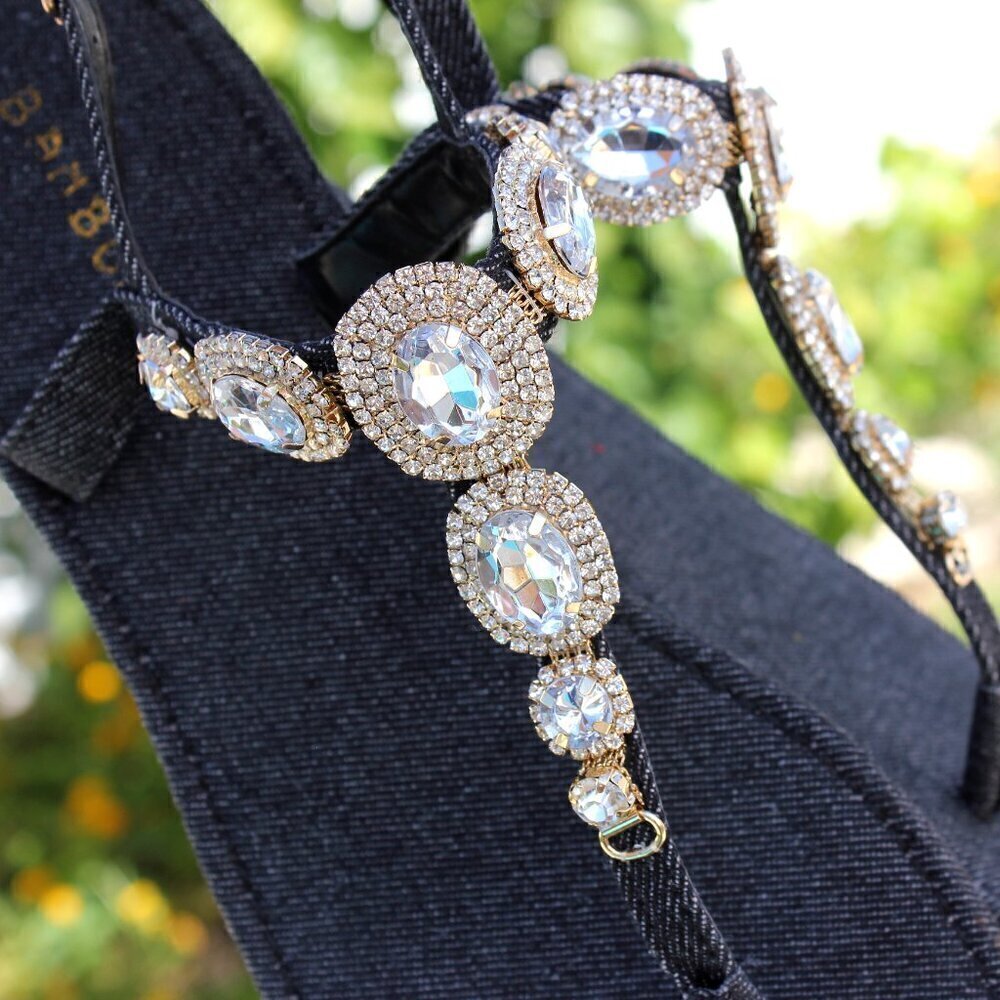 Jeweled Dark Black Denim Dressy Strap Bling Gold Accent Sandals Size 7/7.5/8/8.5 - Picture 4 of 12